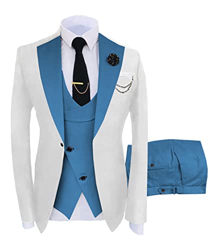 Men's Suits Slim Fit 3 Pieces Notch Lapel Formal Groomsmen Tuxedos for Wedding (Blazer+Vest+Pant)(White-Blue,42)
